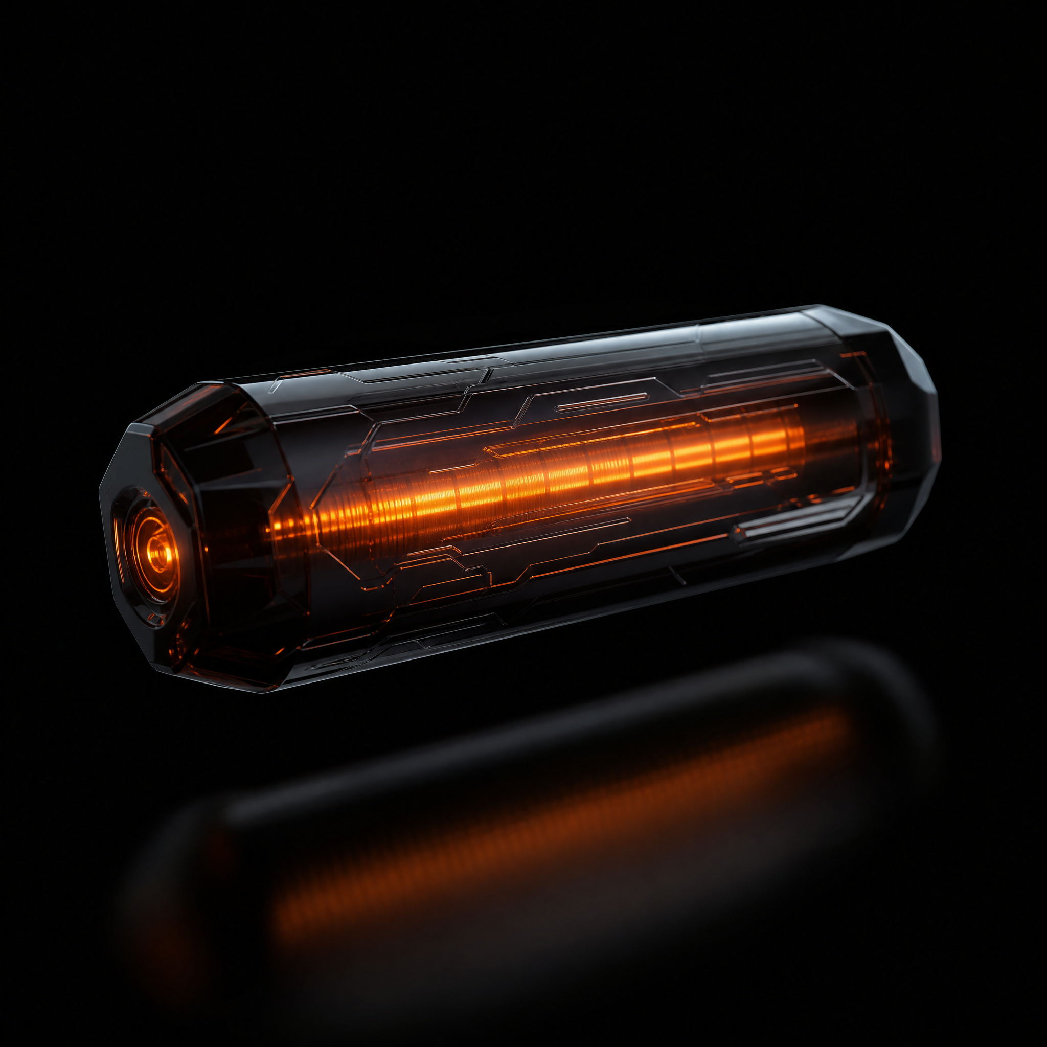 An obsidian glass data capsule with a molten orange core — this week's drop, sealed and already merged into the corpus