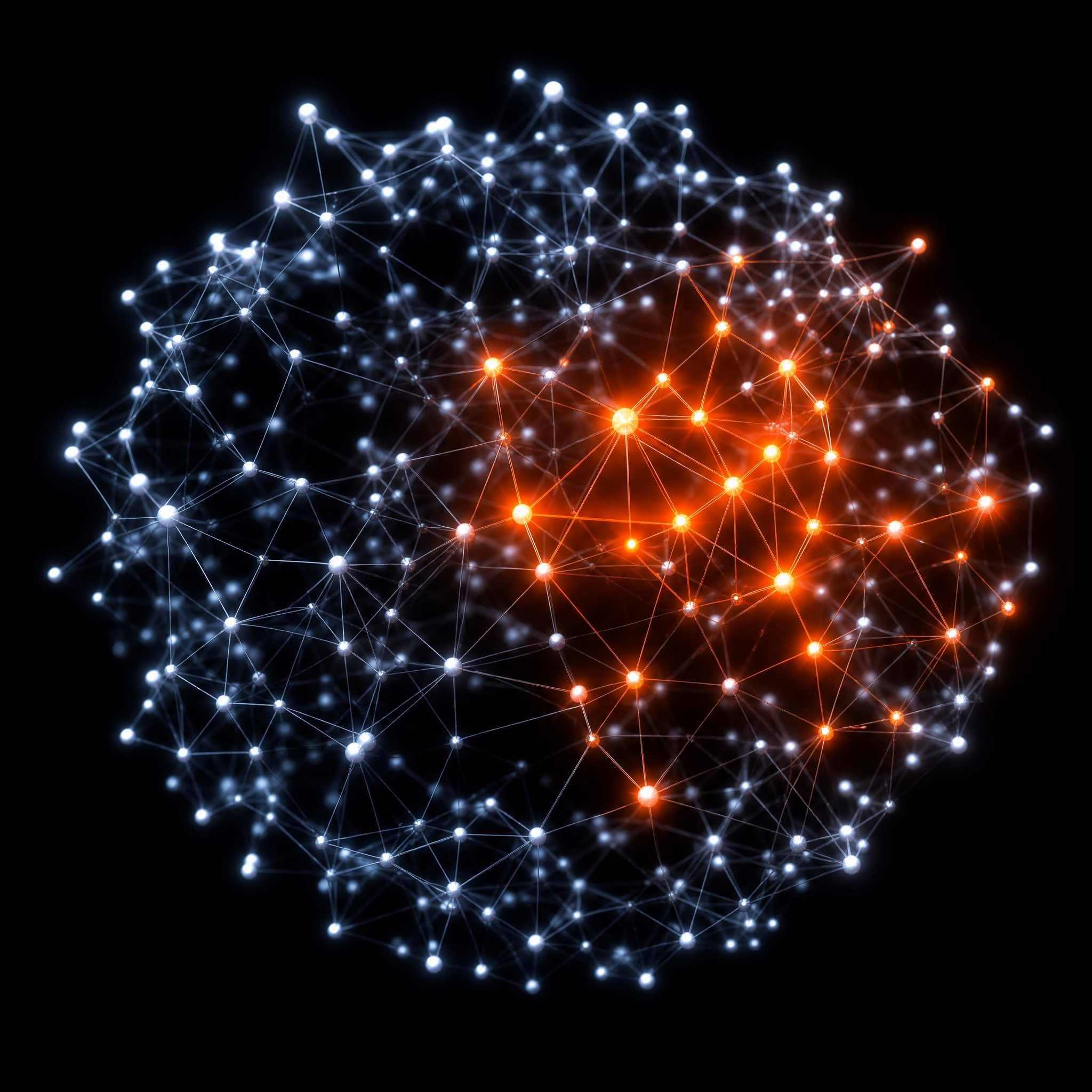 The Recast brain — a semantic knowledge graph of luminous nodes and edges on black, one cluster ignited molten orange where a search matched