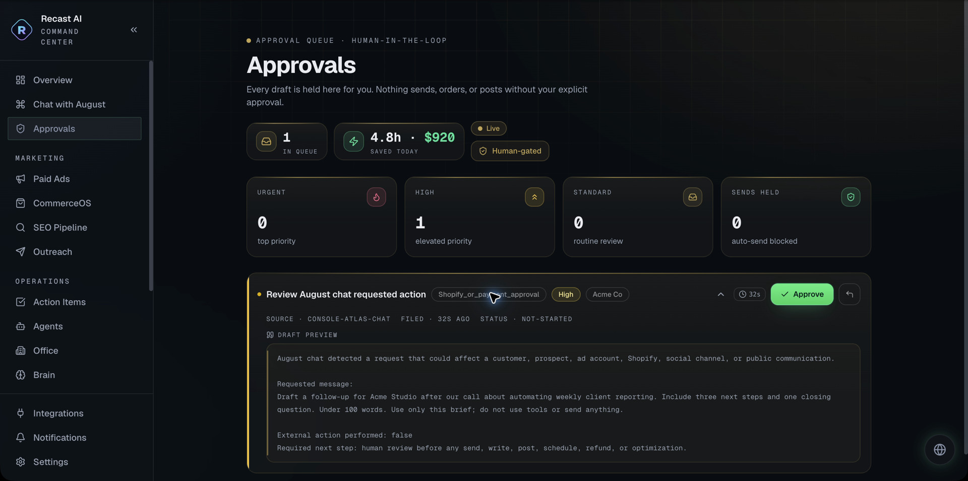 AI Layer approval request containing the supplied brief, with the external-action status marked false.