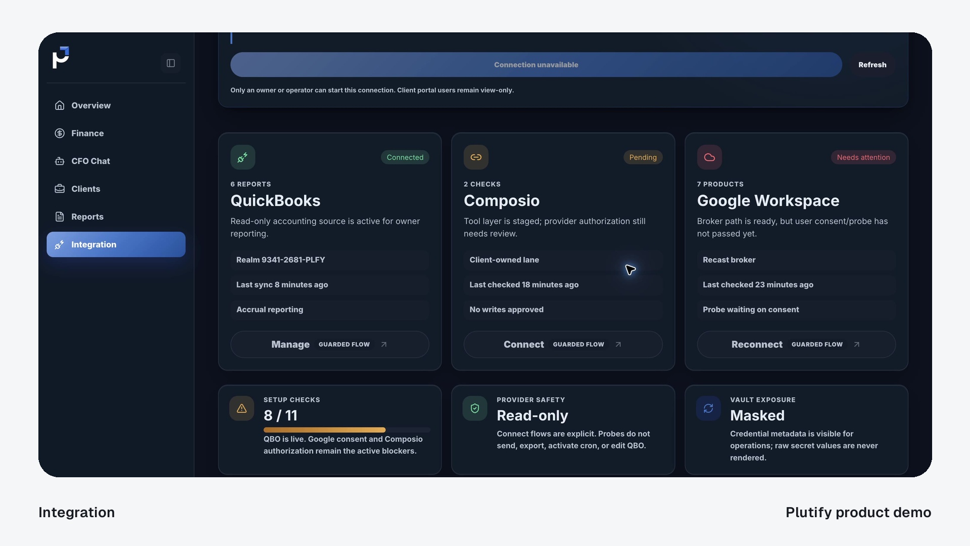 يظهر اتصال QuickBooks الخاص بالمالك نشطاً. ويظل إعداد OAuth للعملاء وموافقات المزودين الإضافية متطلبات مستقلة في العرض الحالي.